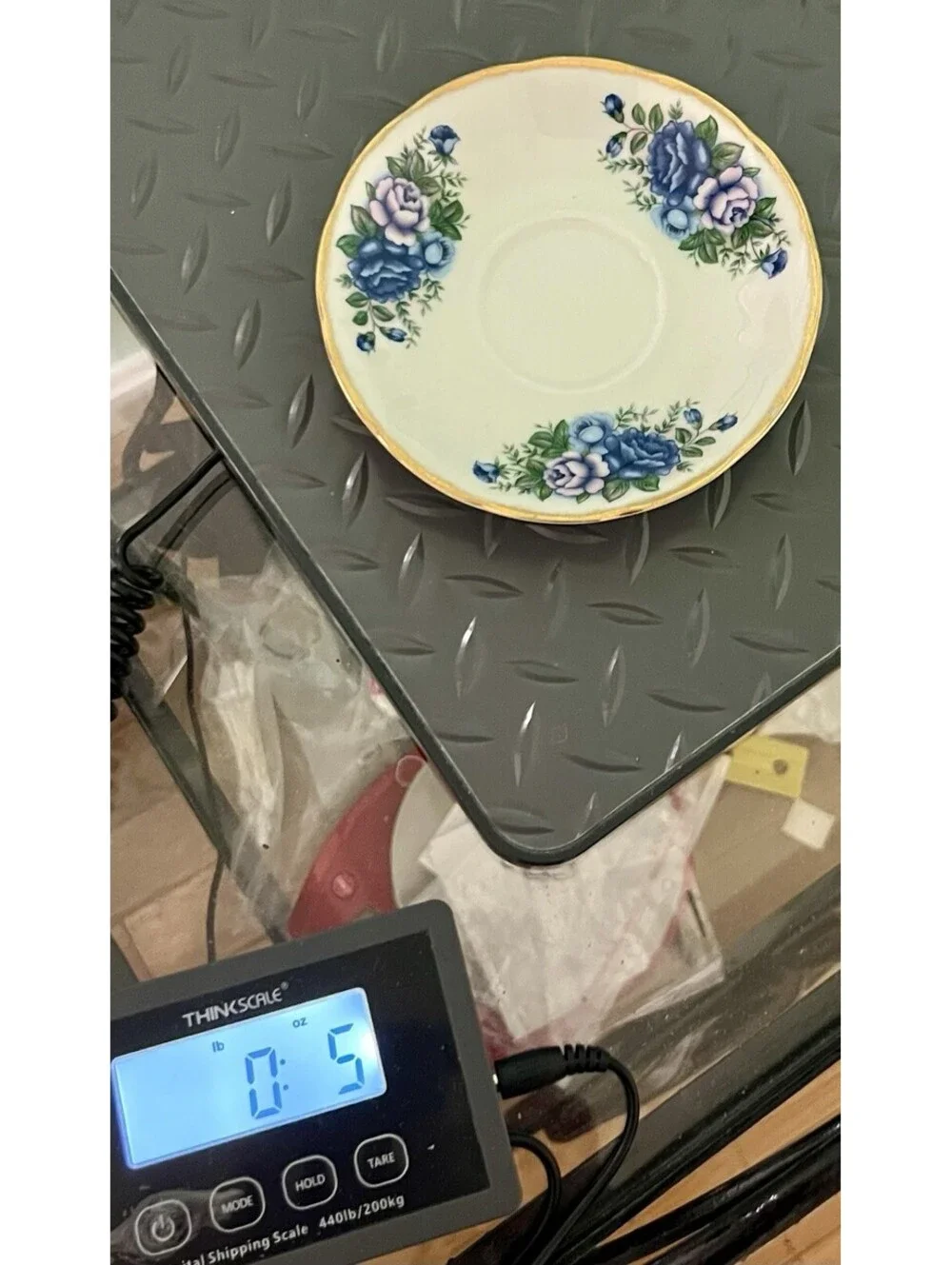 Robinson Design 1989 Orphan Saucer English Garden Blue Lavender Roses, 5.5”